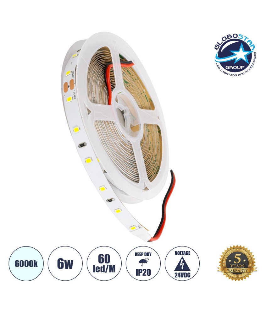 GLOBOSTAR® LILAC 70200 Ταινία LED 6W-m 660lm-m 120° DC 24V IP20 60 x SMD2835 Chip-m Ψυχρό Λευκό 6000K Dimmable - Sanan SMD Chip - Μ500 x Π0.8 x Υ0.1cm - Ρολό 5 Μέτρων - 5 Χρόνια Εγγύηση